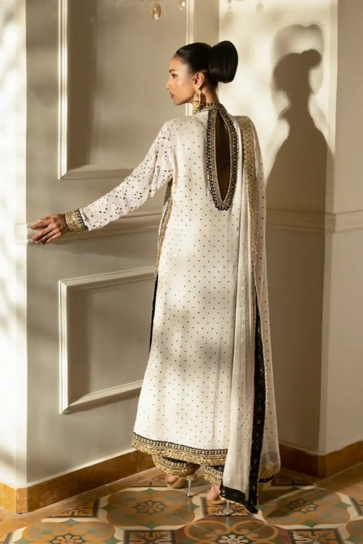 Ivoria off white Mukesh chiffon stitched wedding formal kaftan with Zardozi embroidery, Jamawar pants and pure chiffon dupatta