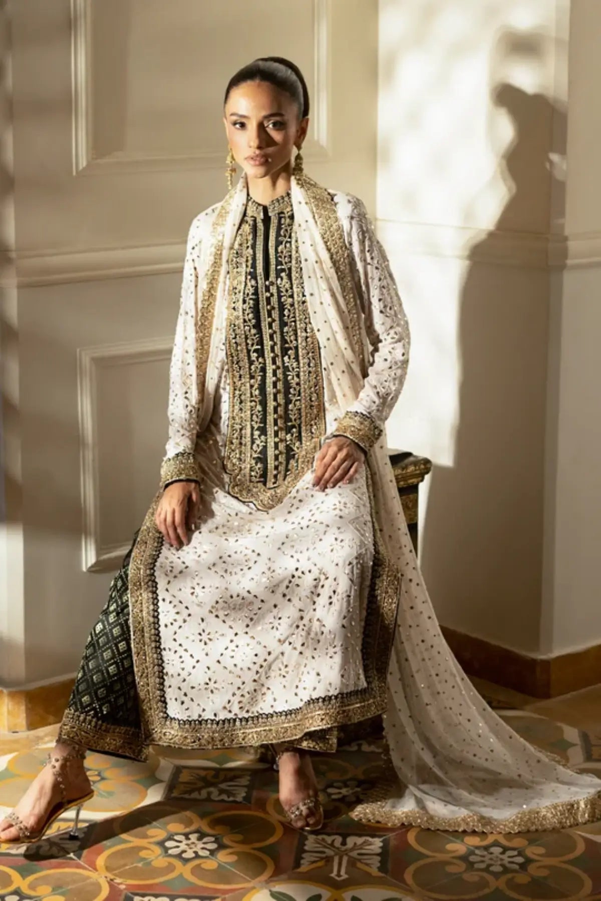 Ivoria off white Mukesh chiffon stitched wedding formal kaftan with Zardozi embroidery, Jamawar pants and pure chiffon dupatta