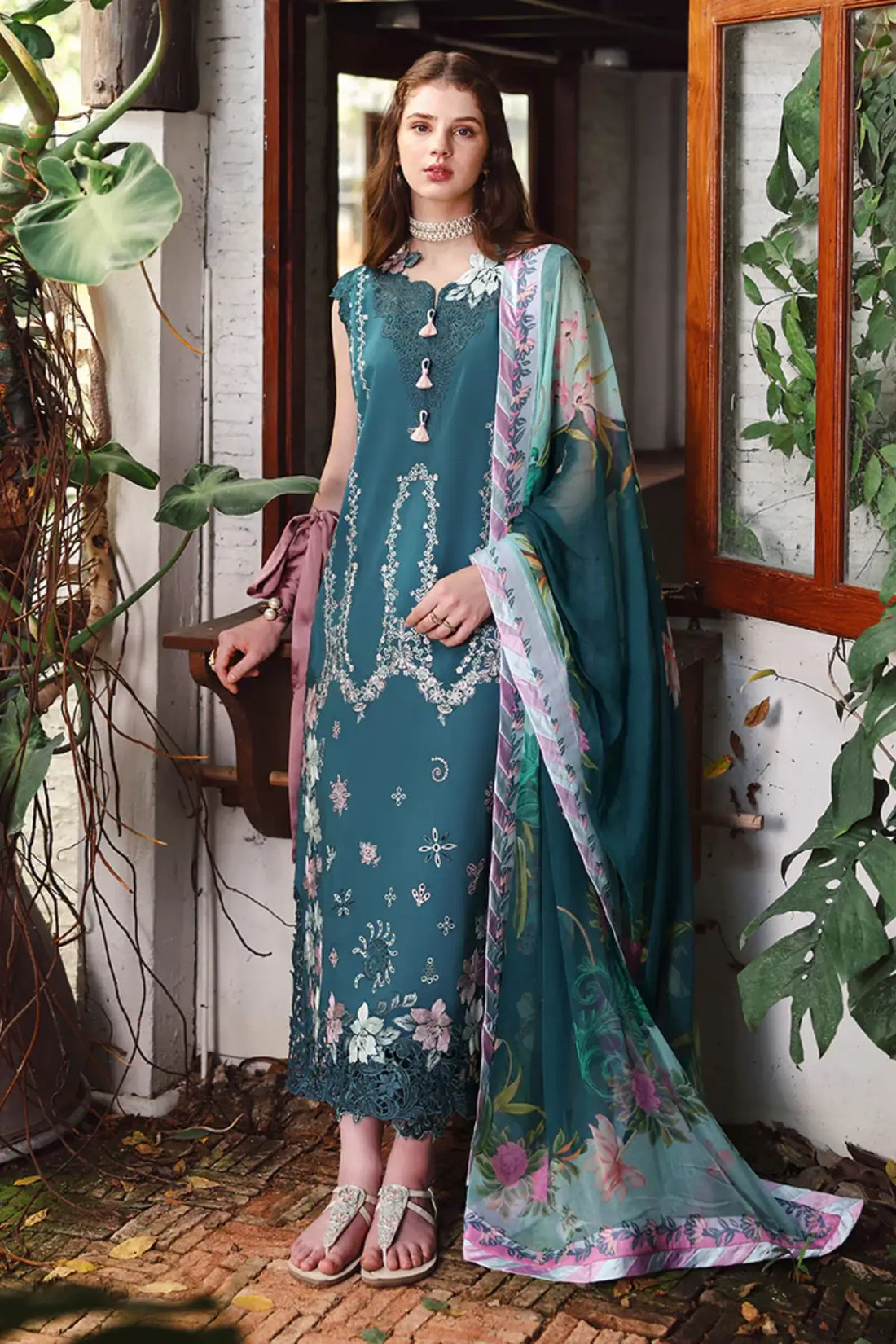 Ivy Spell teal Mushq chikan lawn suit with chiffon dupatta for Eid celebrations