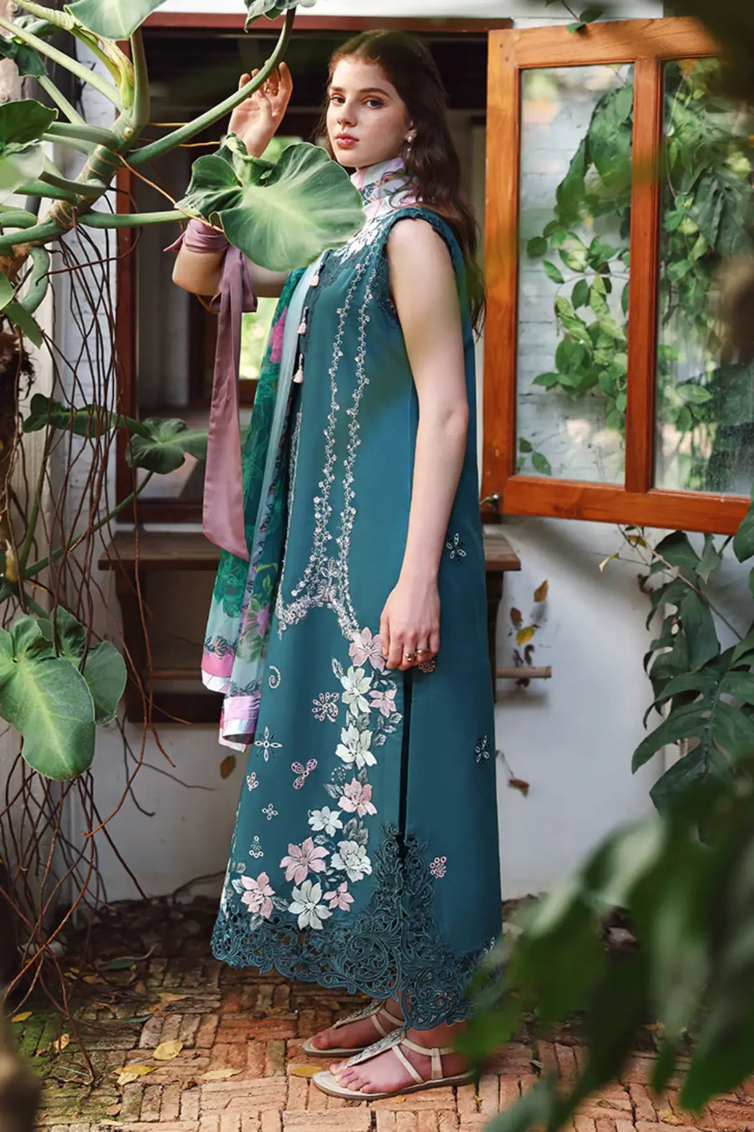Ivy Spell teal Mushq chikan lawn suit with chiffon dupatta for Eid celebrations