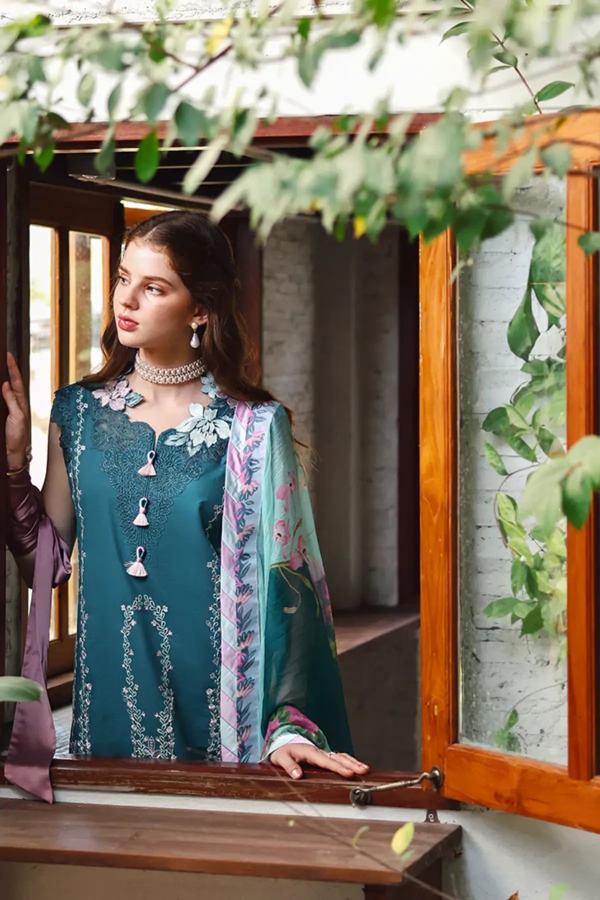 Ivy Spell teal Mushq chikan lawn suit with chiffon dupatta for Eid celebrations