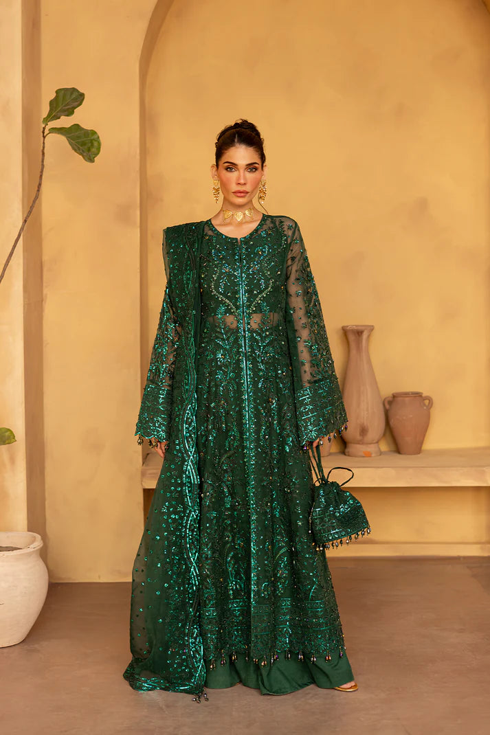 Emerald green organza embroidered dress with dupatta and silk trouser.