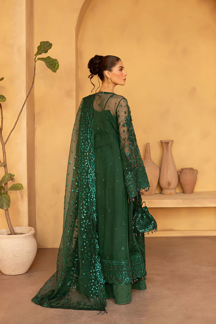 Emerald green organza embroidered dress with dupatta and silk trouser.