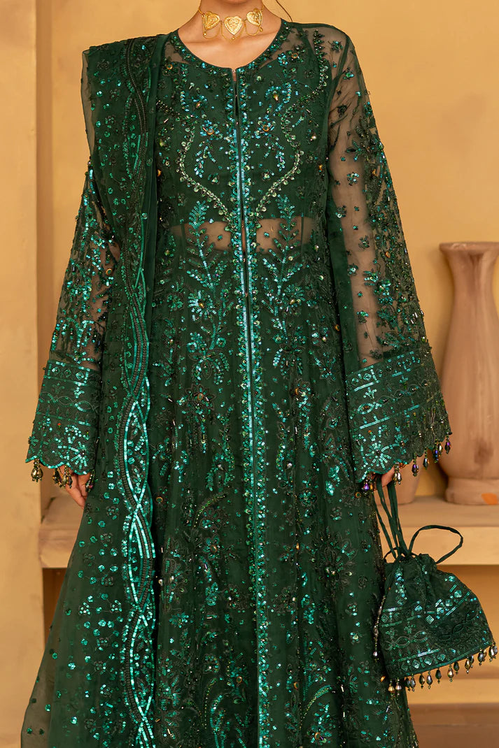 Emerald green organza embroidered dress with dupatta and silk trouser.