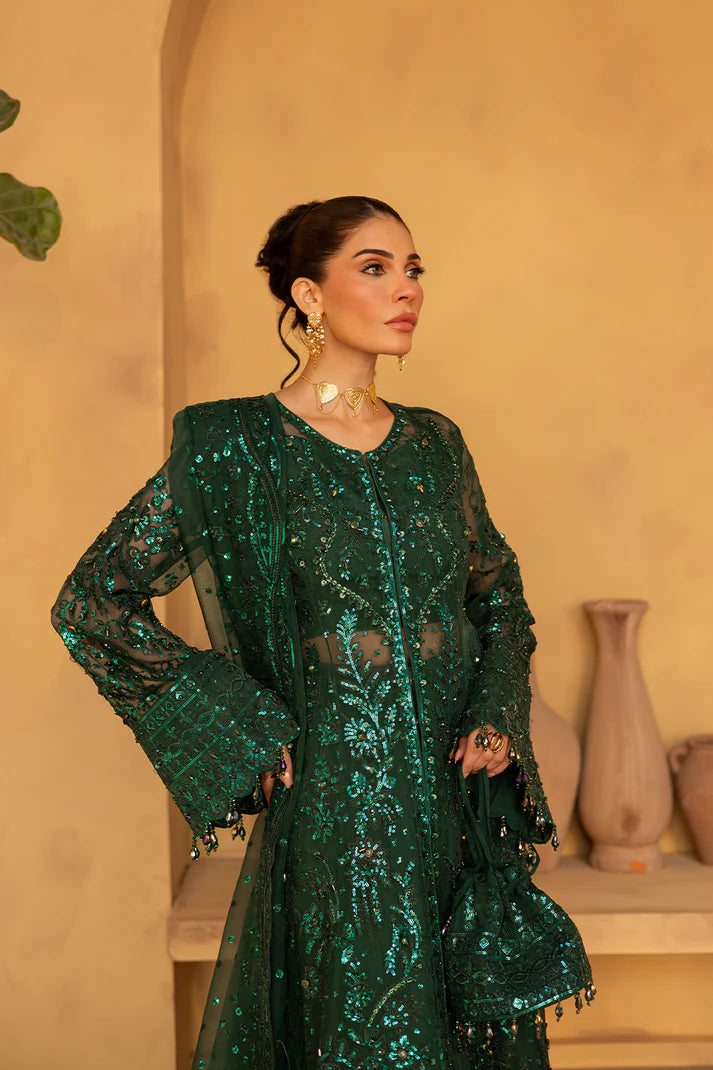 Emerald green organza embroidered dress with dupatta and silk trouser.
