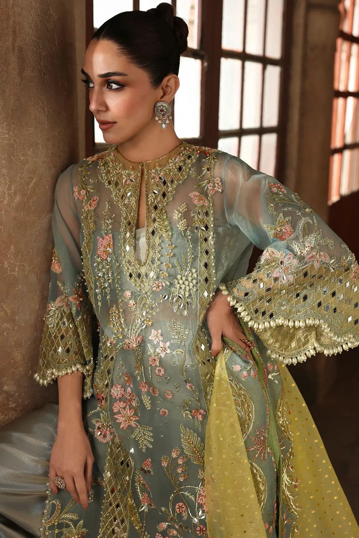 Sunshine blue JHALAK by Crimson JHILMIL stitched mirror work 3PC suit with embroidered organza shirt