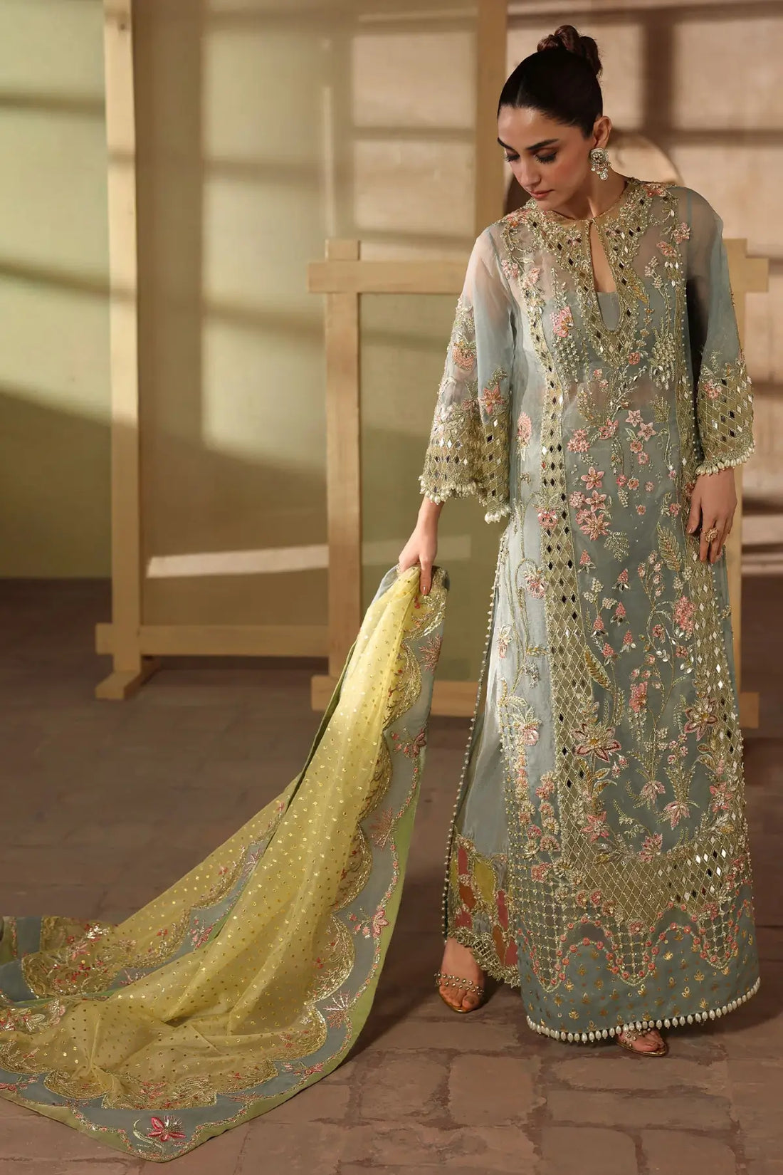 Sunshine blue JHALAK by Crimson JHILMIL stitched mirror work 3PC suit with embroidered organza shirt