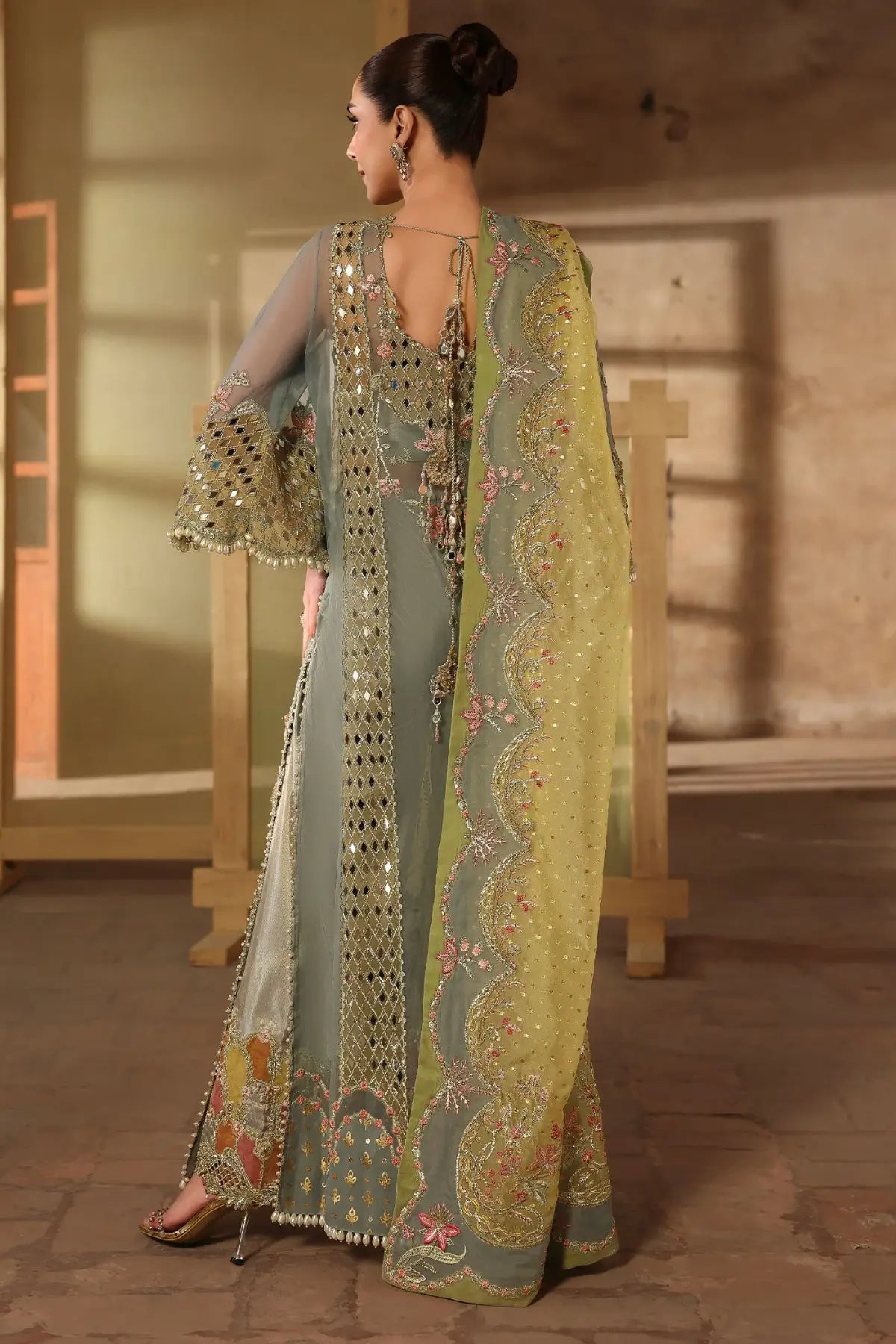 Sunshine blue JHALAK by Crimson JHILMIL stitched mirror work 3PC suit with embroidered organza shirt