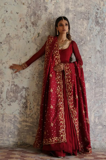 Jahanara Deep Maroon Pakistani Wedding Cotton Silk Pishwas with Gold Embellished Raw Silk Dupatta, Ornate Four-Sided Border and Traditional Formal Detailing
