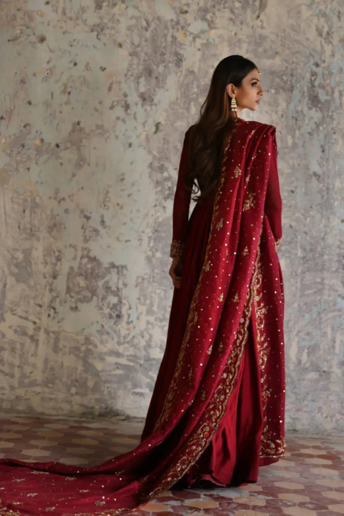 Jahanara Deep Maroon Pakistani Wedding Cotton Silk Pishwas with Gold Embellished Raw Silk Dupatta, Ornate Four-Sided Border and Traditional Formal Detailing