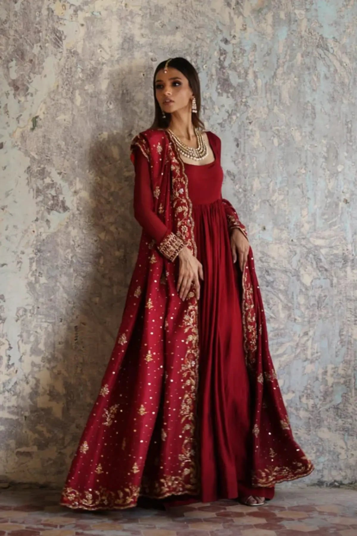 Jahanara Deep Maroon Pakistani Wedding Cotton Silk Pishwas with Gold Embellished Raw Silk Dupatta, Ornate Four-Sided Border and Traditional Formal Detailing