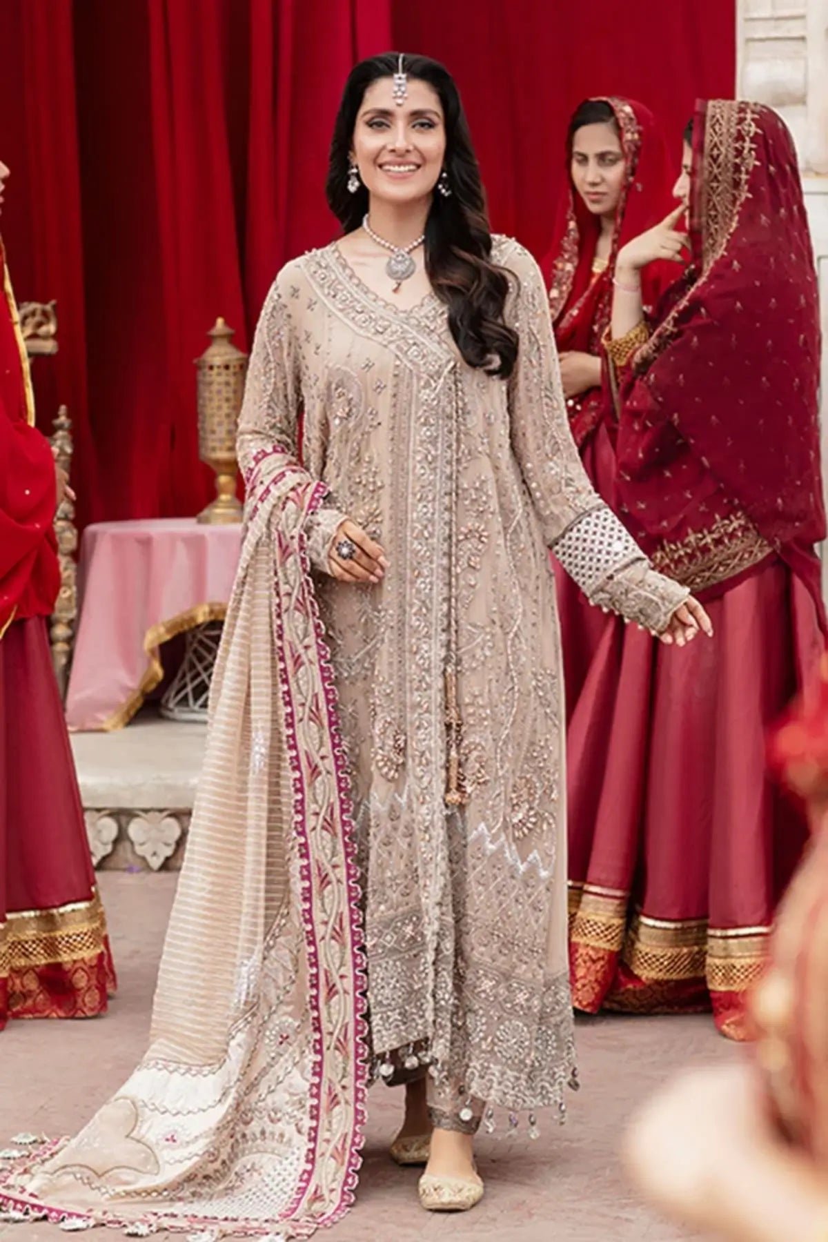 Jaipur Jhoomro beige hand embellished chiffon wedding stitched 3PC suit with Mukesh work, embroidered raw silk trouser and jacquard dupatta