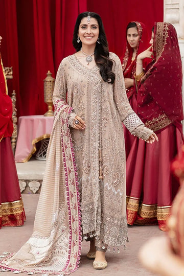 Jaipur Jhoomro beige hand embellished chiffon wedding stitched 3PC suit with Mukesh work, embroidered raw silk trouser and jacquard dupatta