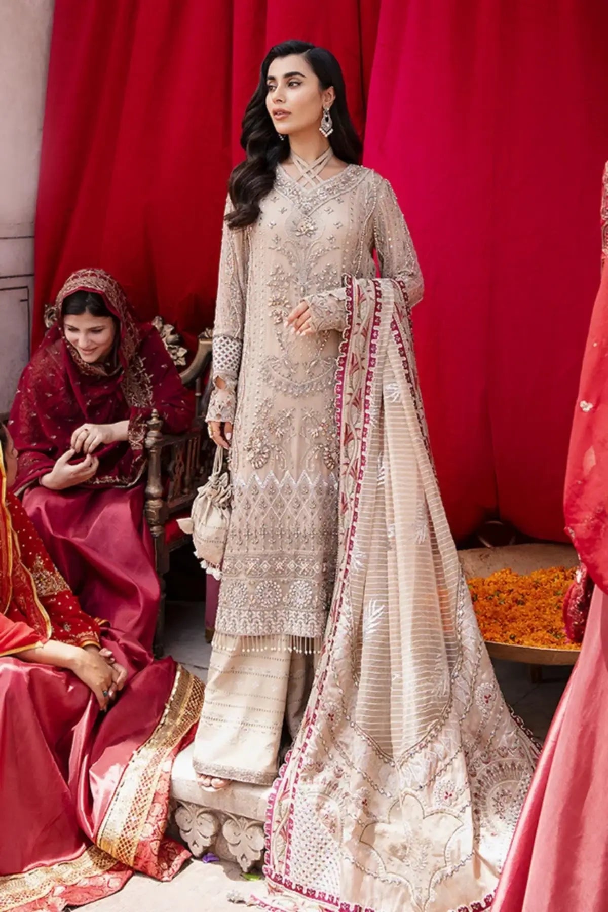 Jaipur Jhoomro beige hand embellished chiffon wedding stitched 3PC suit with Mukesh work, embroidered raw silk trouser and jacquard dupatta