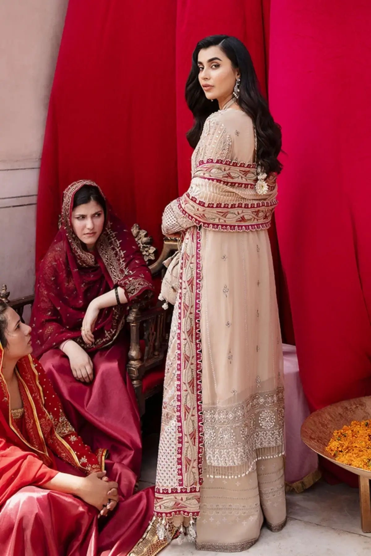 Jaipur Jhoomro beige hand embellished chiffon wedding stitched 3PC suit with Mukesh work, embroidered raw silk trouser and jacquard dupatta