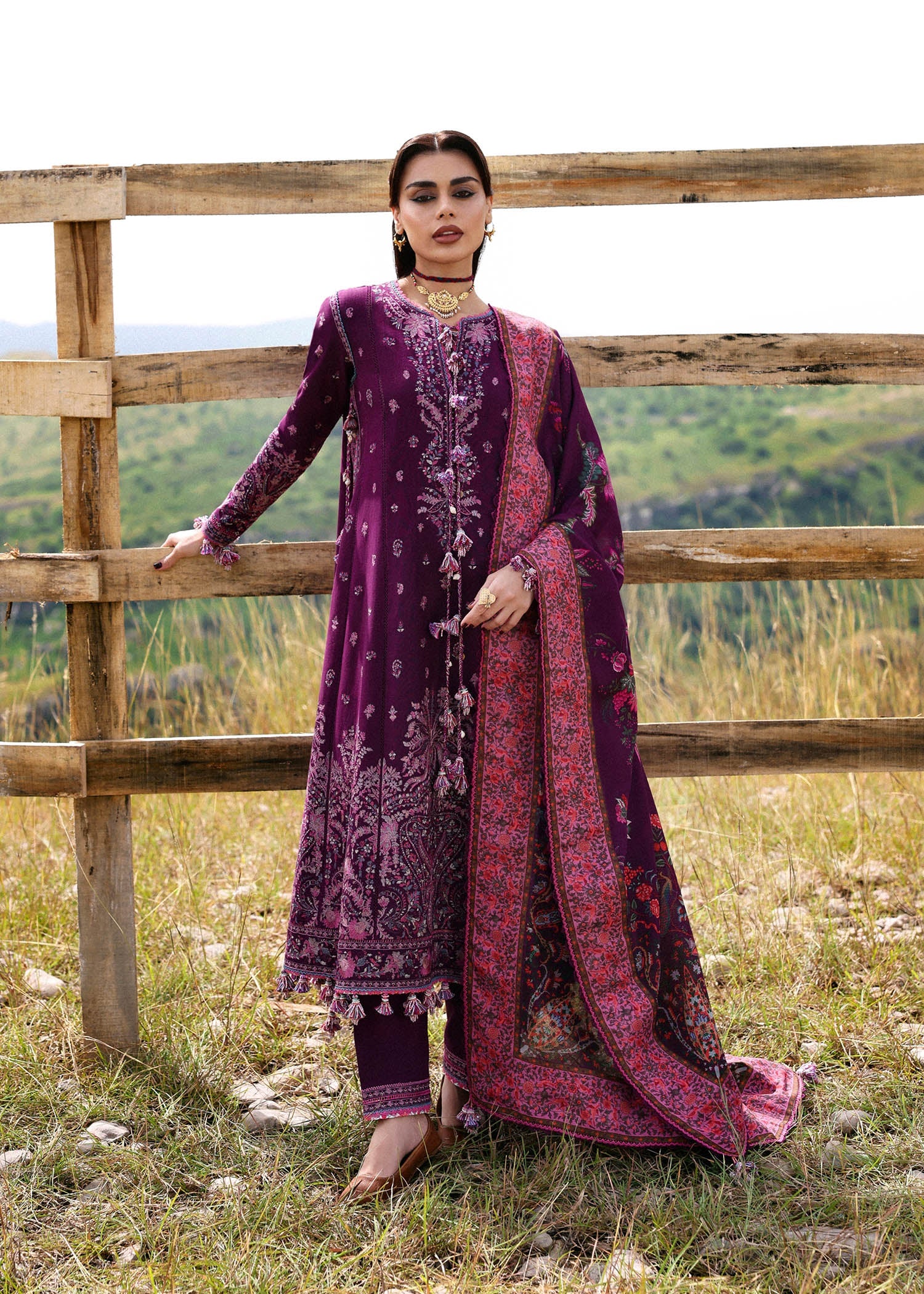 Hussain Rehar Jamni purple embroidered khaddar stitched suit with printed wool shawl at Pakistanimoda.