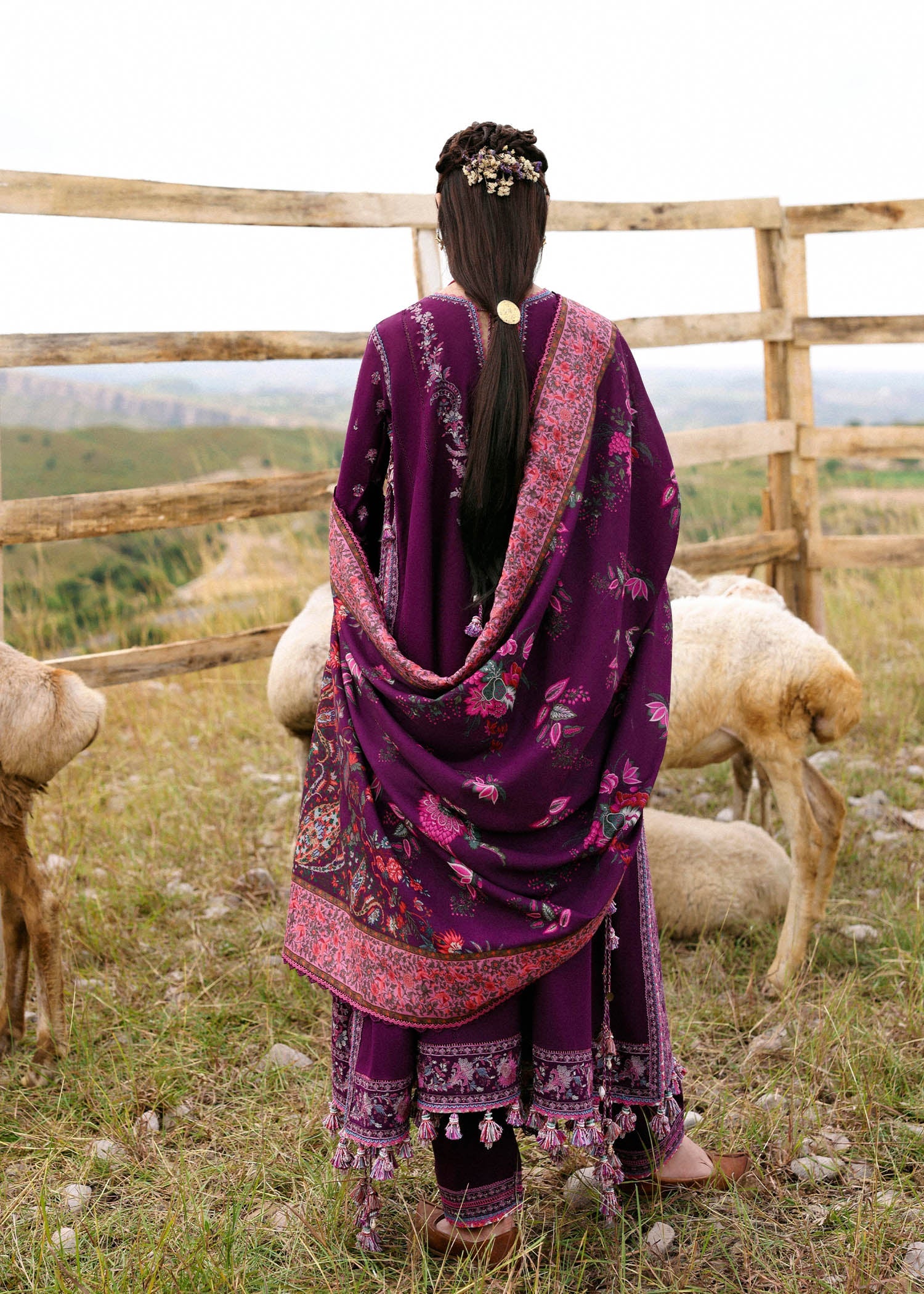 Hussain Rehar Jamni purple embroidered khaddar stitched suit with printed wool shawl at Pakistanimoda.