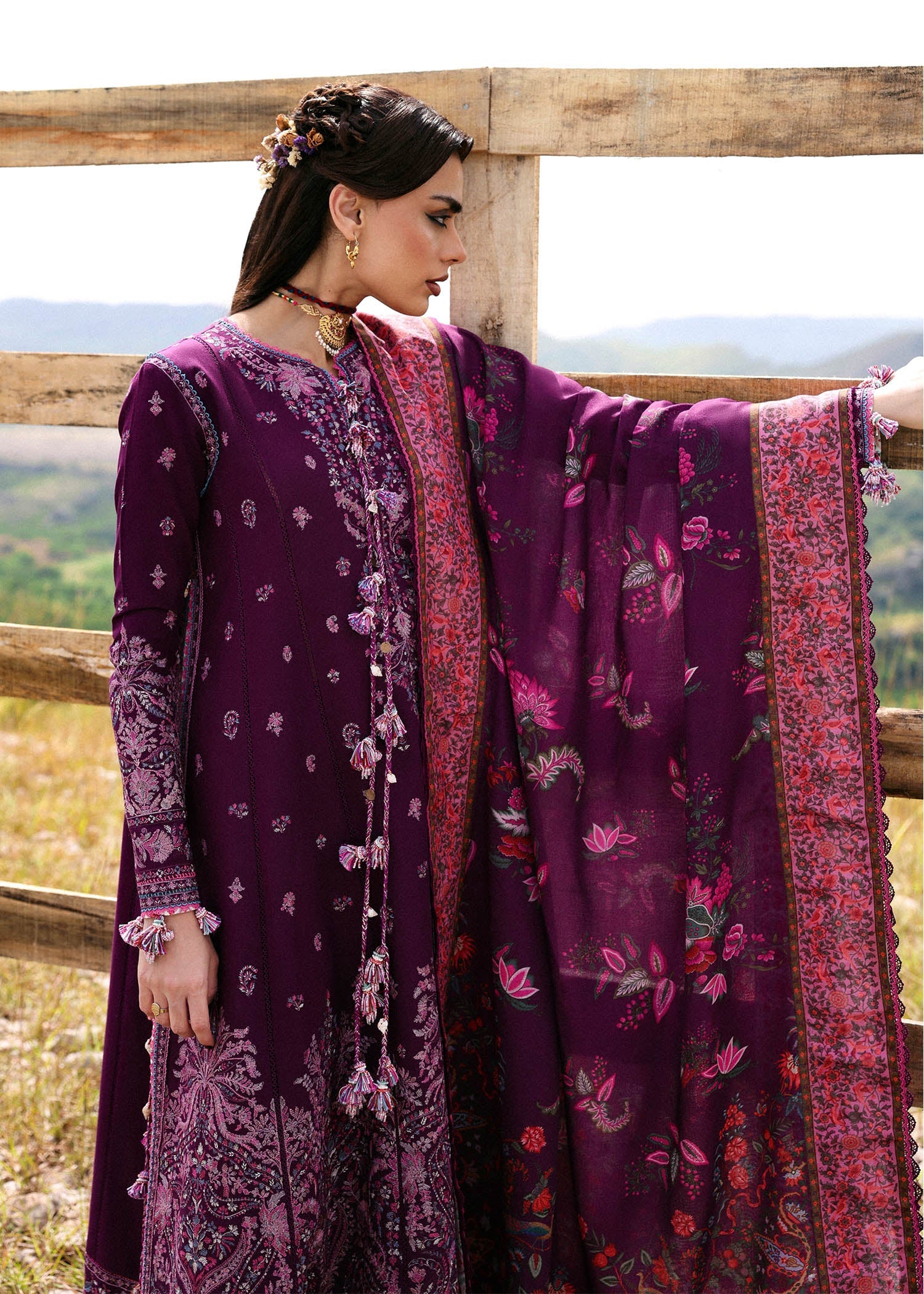 Hussain Rehar Jamni purple embroidered khaddar stitched suit with printed wool shawl at Pakistanimoda.