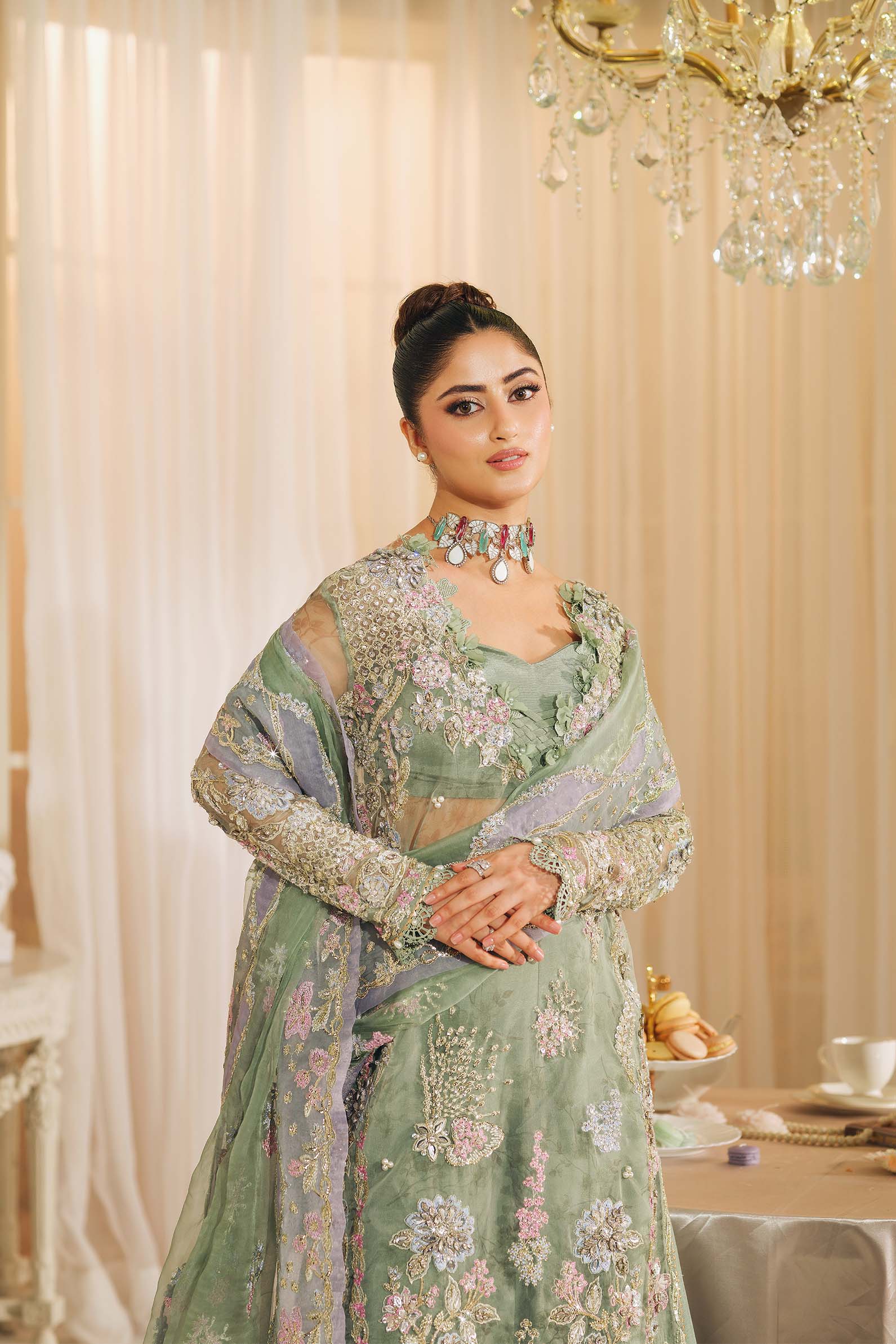 Maryam Hussain Janan – Green Organza Embroidered Wedding Outfit