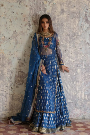 Janiya Teal Blue Net Mehndi Stitched Suit with Floral Embroidery, Cotton Brocade Lehenga and Embellished Organza Dupatta
