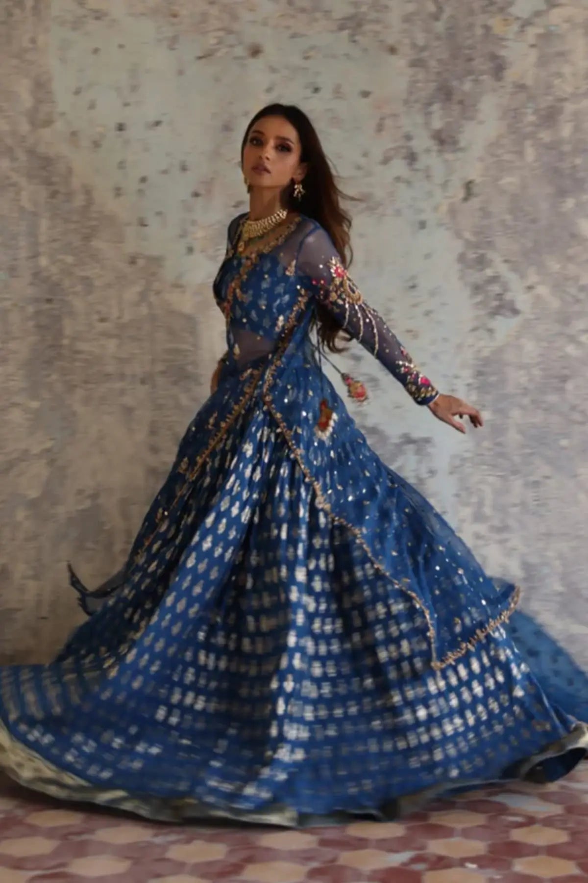 Janiya Teal Blue Net Mehndi Stitched Suit with Floral Embroidery, Cotton Brocade Lehenga and Embellished Organza Dupatta