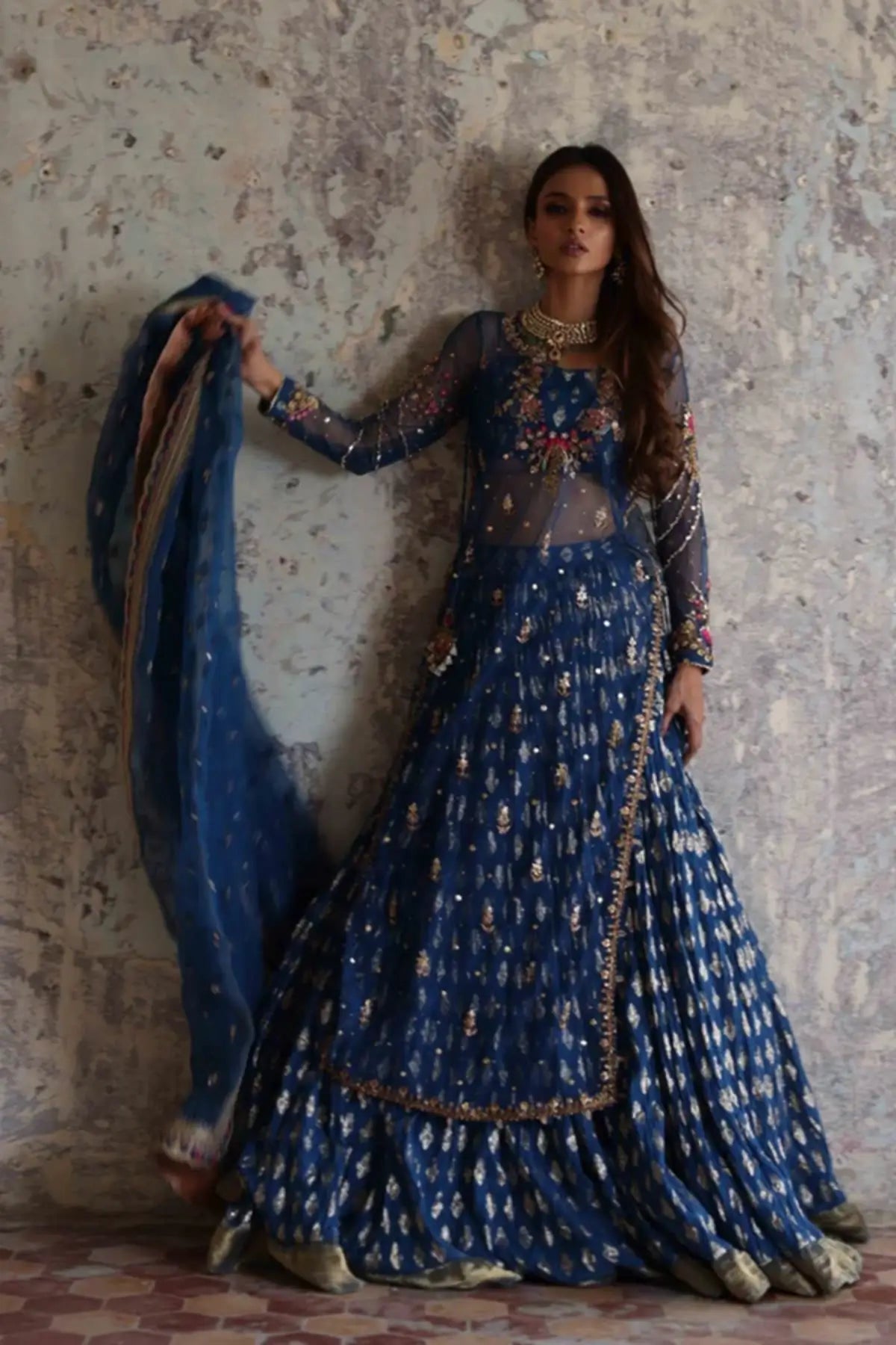 Janiya Teal Blue Net Mehndi Stitched Suit with Floral Embroidery, Cotton Brocade Lehenga and Embellished Organza Dupatta