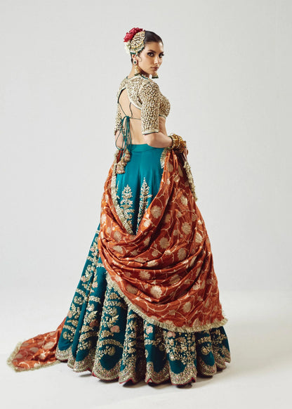 Jashn-Embellished Teal green pure Satin Silk Lehenga choli