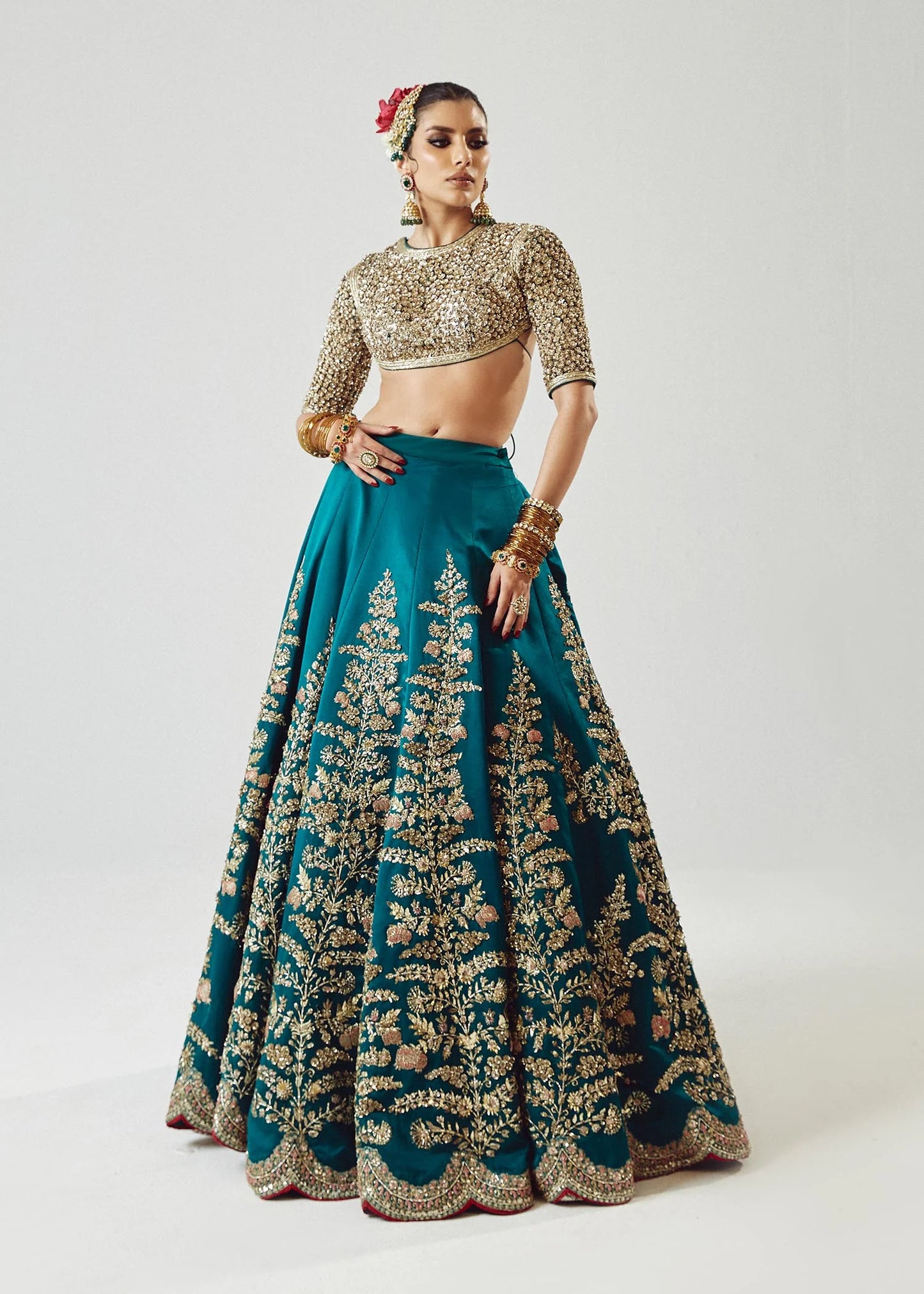 Jashn-Embellished Teal green pure Satin Silk Lehenga choli