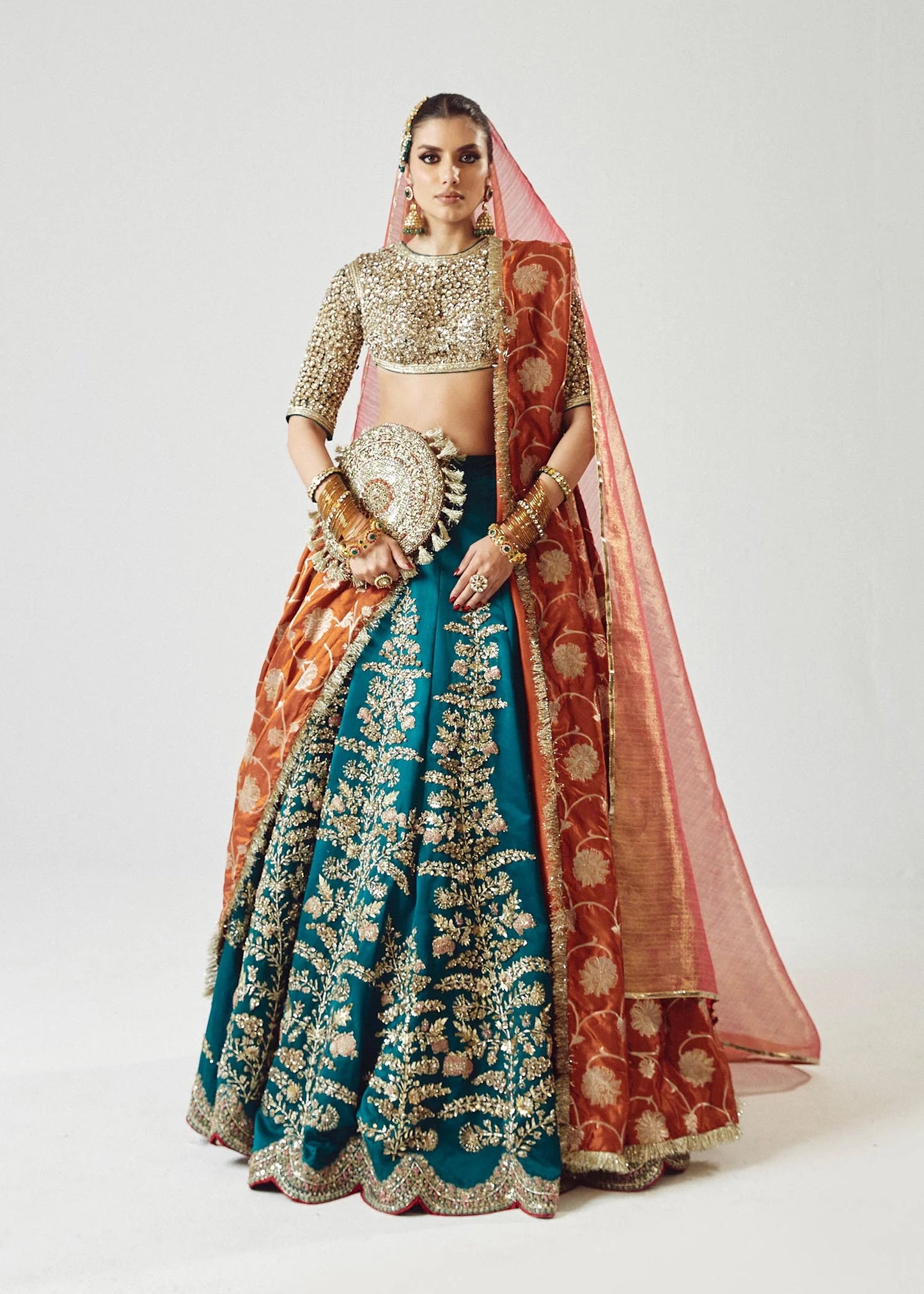 Jashn-Embellished Teal green pure Satin Silk Lehenga choli