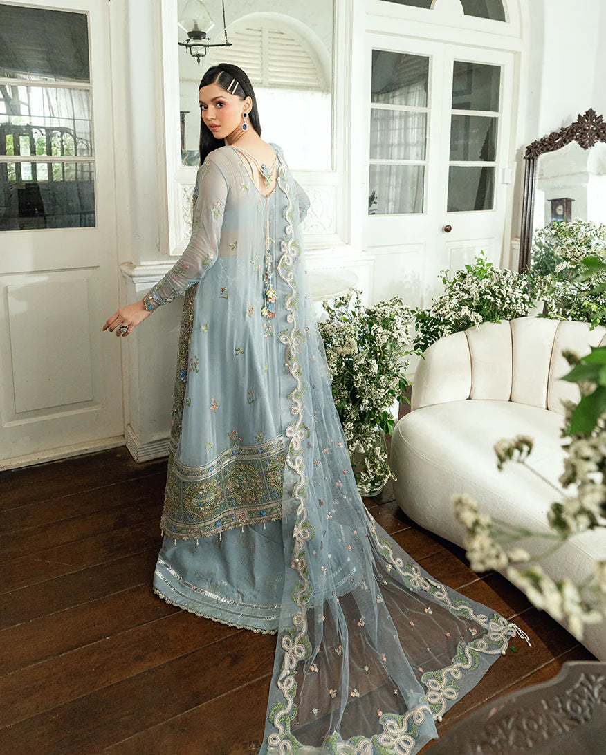 Jashn e Jahanara by Mushq Ice Blue Embroidered Chiffon Stitched Formal Suit – Shop Pakistanimoda.com