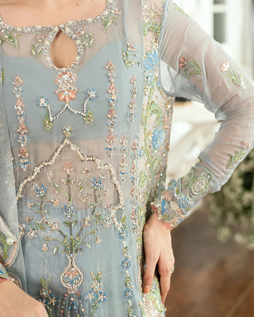 Jashn e Jahanara by Mushq Ice Blue Embroidered Chiffon Stitched Formal Suit – Shop Pakistanimoda.com