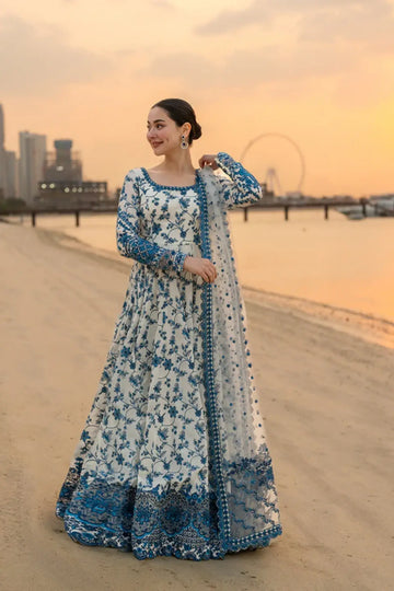 Jehona Faiza Saqlain Aya blue white embroidered lawn stitched suit Pakistanimoda