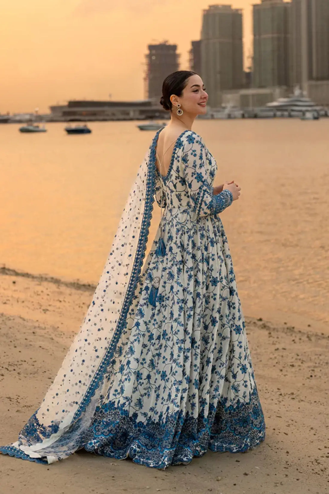 Jehona Faiza Saqlain Aya blue white embroidered lawn stitched suit Pakistanimoda