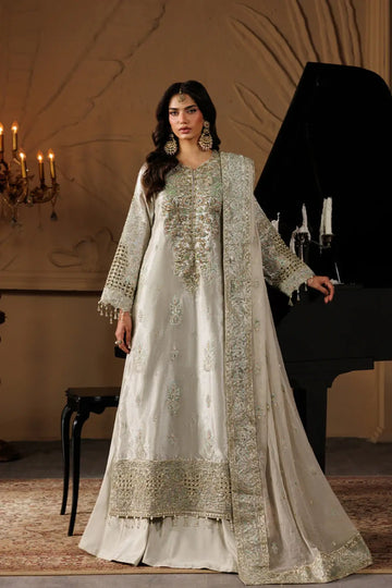 Jewel by Emaan Adeel Light Grey Embroidered Mesoury Stitched 3PC Suit from Celeste Festive Edit'26 Collection