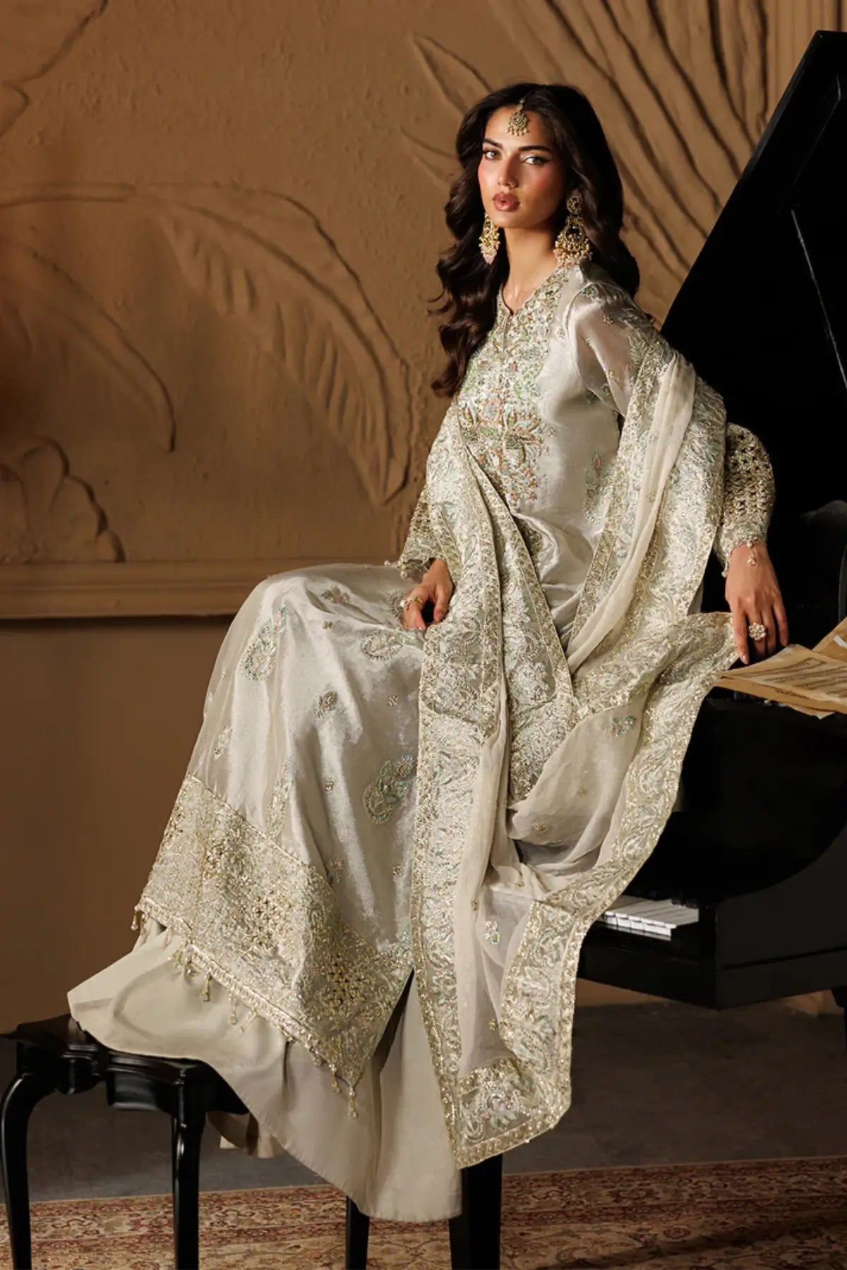 Jewel by Emaan Adeel Light Grey Embroidered Mesoury Stitched 3PC Suit from Celeste Festive Edit'26 Collection