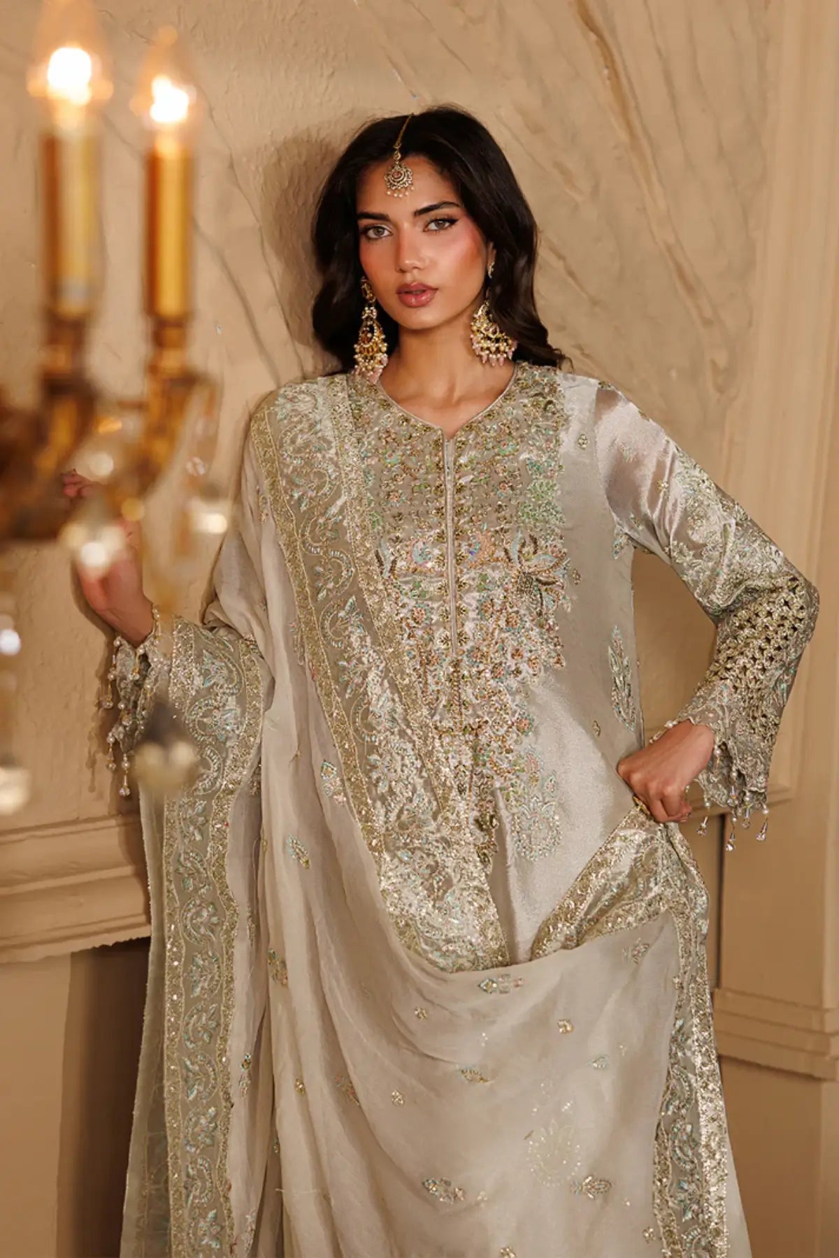 Jewel by Emaan Adeel Light Grey Embroidered Mesoury Stitched 3PC Suit from Celeste Festive Edit'26 Collection