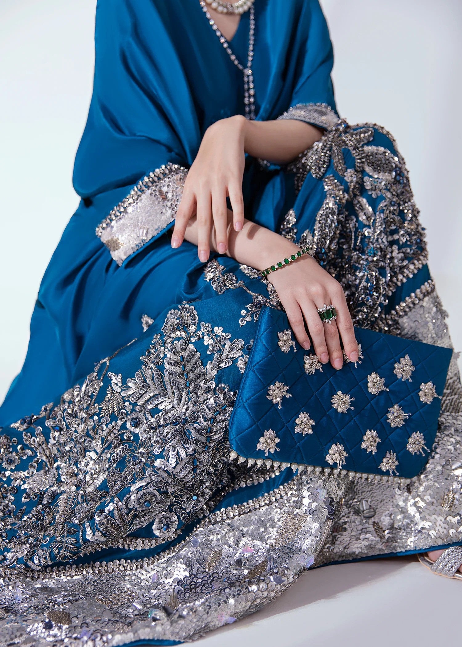 Jia - Fashion Friendly Blue kaftan with Silver Motifs