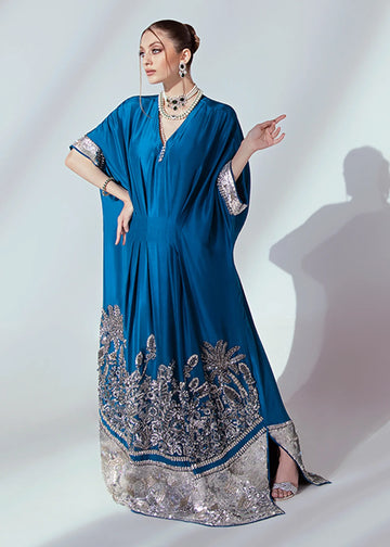 Jia - Fashion Friendly Blue kaftan with Silver Motifs