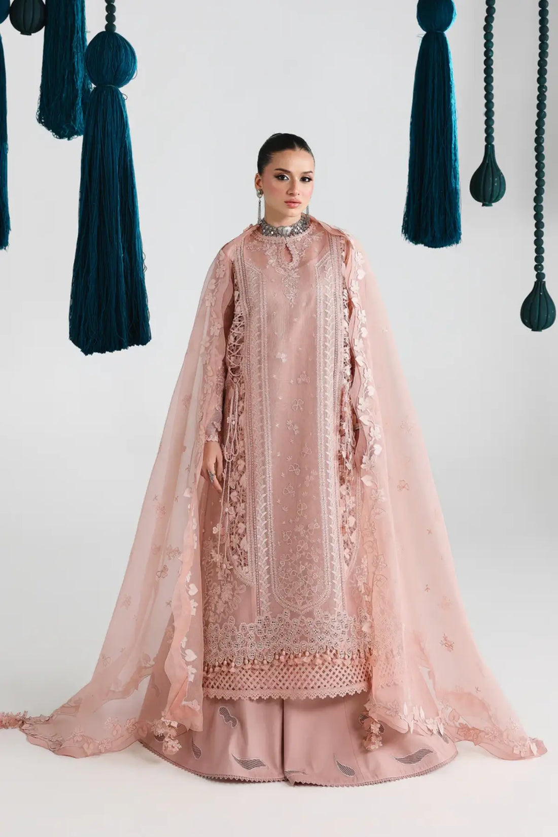 Jina QFL-11 blush pink stitched embroidered net 3PC suit with cotton net dupatta by Qalamkar 2026