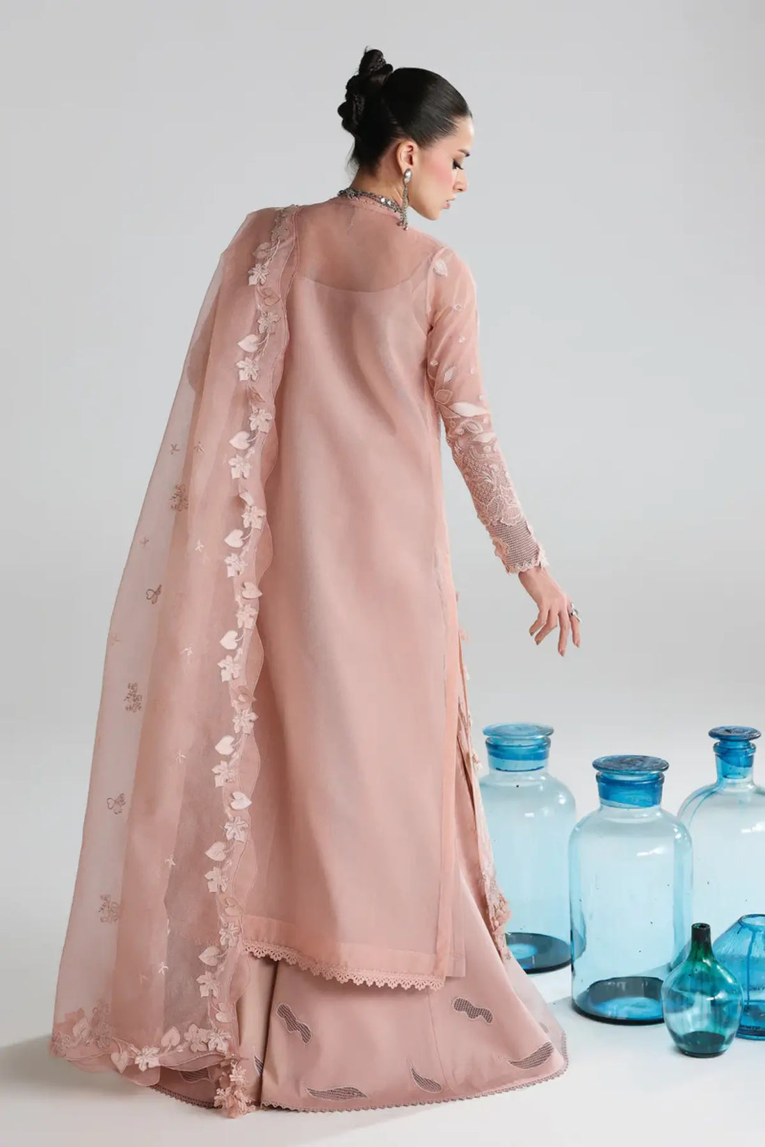 Jina QFL-11 blush pink stitched embroidered net 3PC suit with cotton net dupatta by Qalamkar 2026