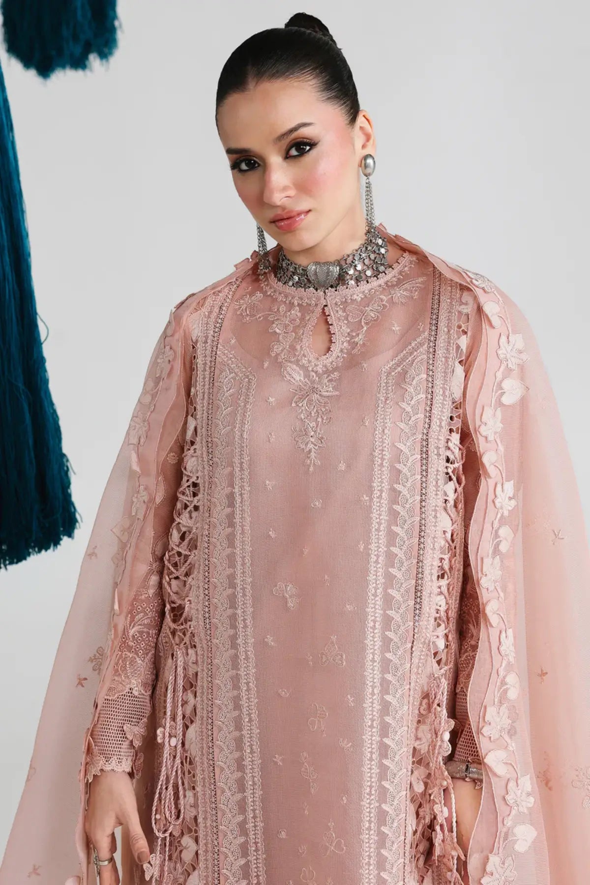 Jina QFL-11 blush pink stitched embroidered net 3PC suit with cotton net dupatta by Qalamkar 2026