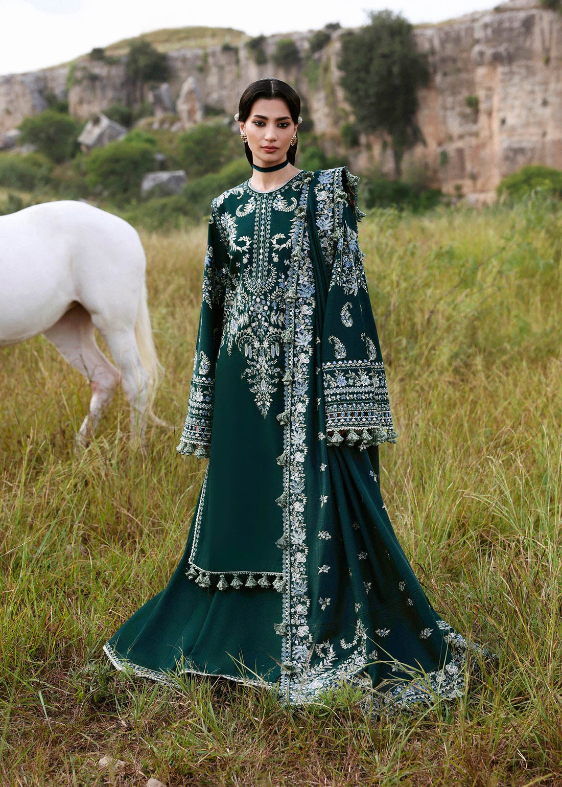 Hussain Rehar Johar zinc embroidered khaddar stitched winter suit with wool shawl at Pakistanimoda.