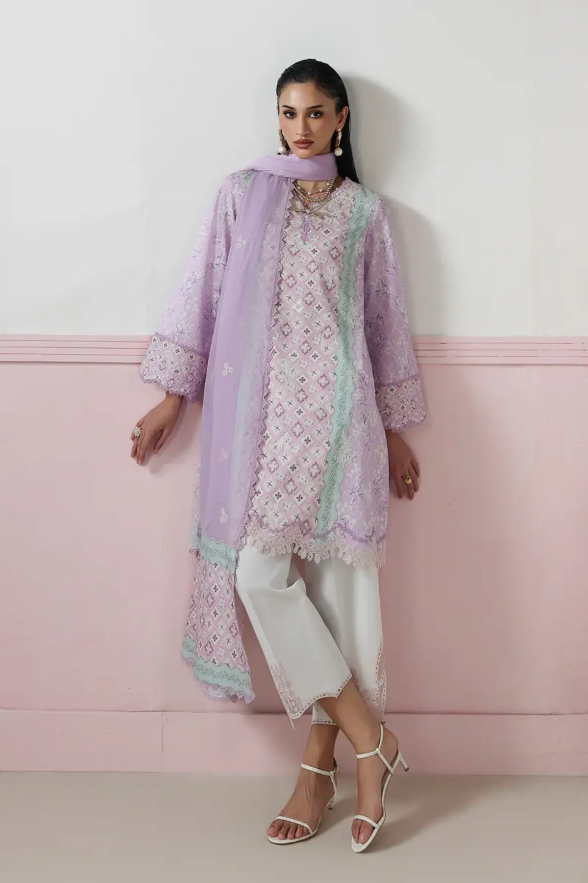 Josee QQP-10(A) by Qalamkar lilac printed lawn stitched 3PC suit with chikankari embroidery, embroidered chiffon dupatta, and embroidered trouser motifs.