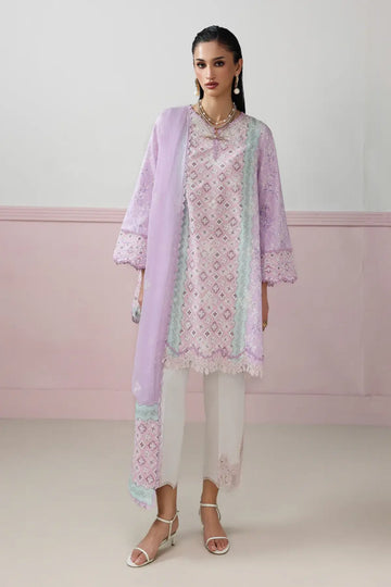 Josee QQP-10(A) by Qalamkar lilac printed lawn stitched 3PC suit with chikankari embroidery, embroidered chiffon dupatta, and embroidered trouser motifs.