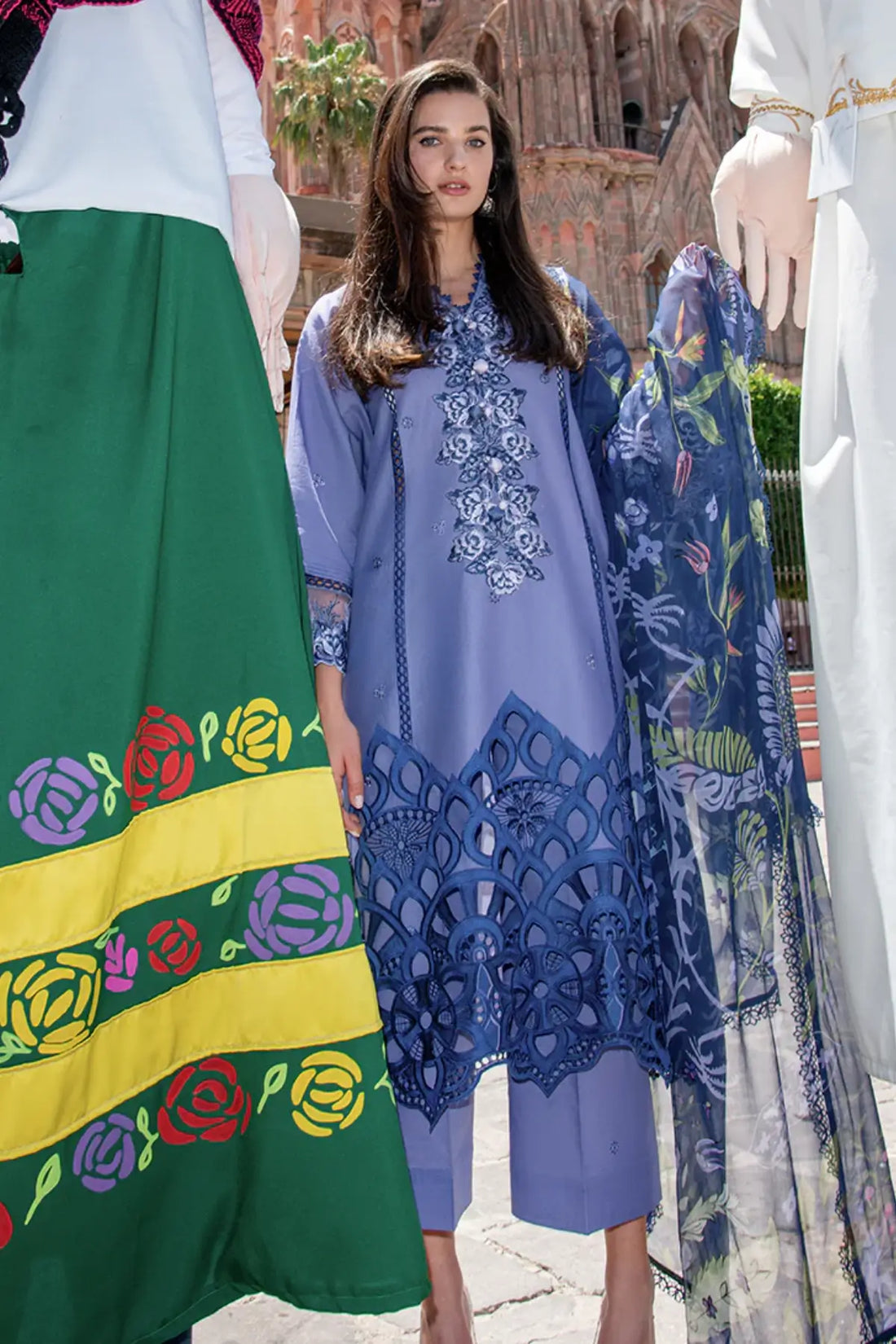 Juana blue embroidered stitched lawn 3PC suit by Mushq with chiffon dupatta for Eid wear