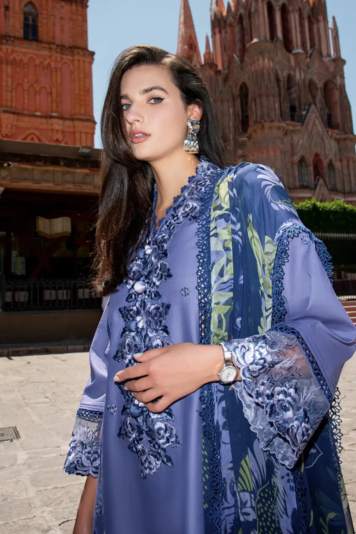 Juana blue embroidered stitched lawn 3PC suit by Mushq with chiffon dupatta for Eid wear