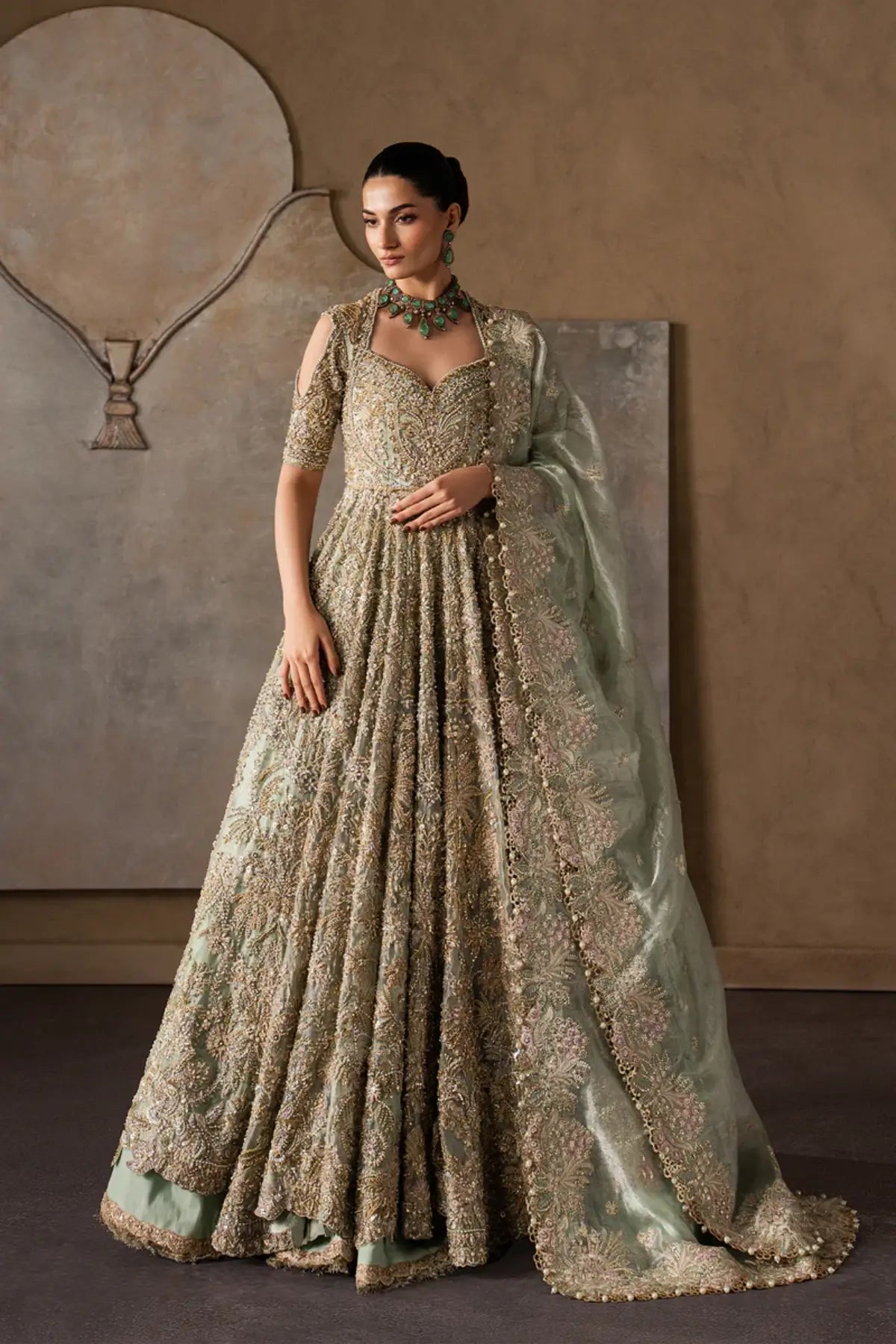 Juliette by Afrozeh muted green stitched tissue zari pishwas with heavy embroidery luxury Pakistani formal wear