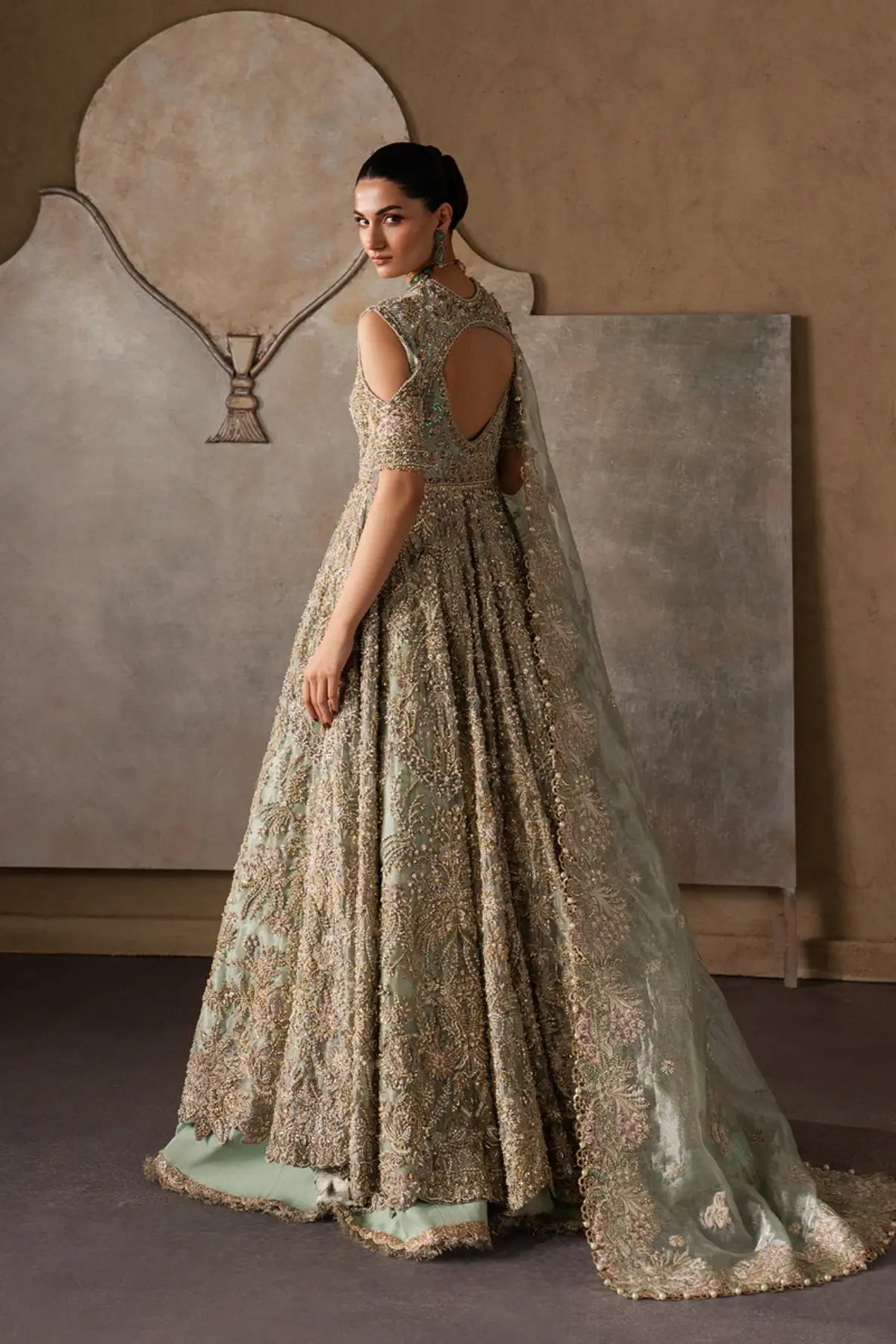Juliette by Afrozeh muted green stitched tissue zari pishwas with heavy embroidery luxury Pakistani formal wear