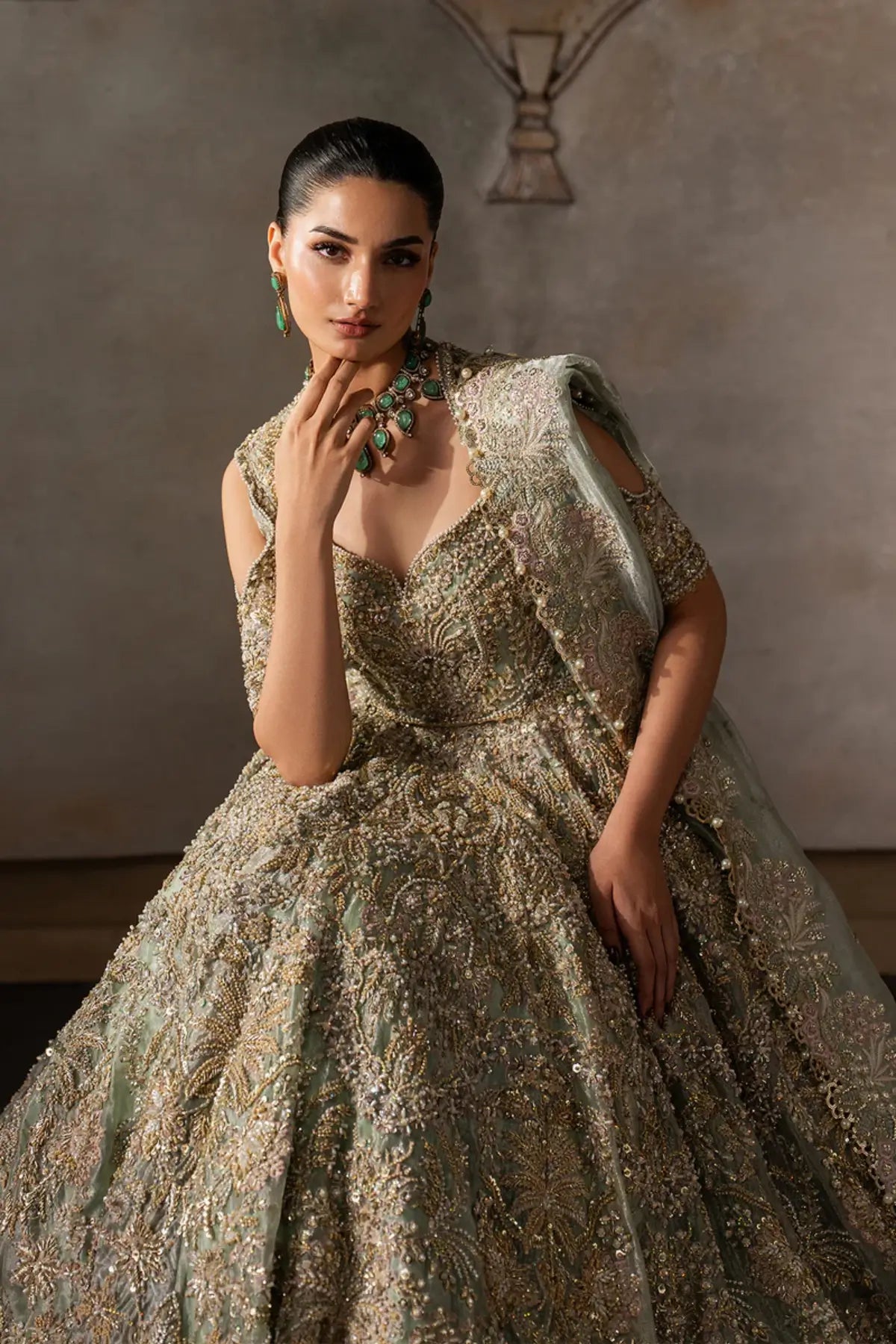 Juliette by Afrozeh muted green stitched tissue zari pishwas with heavy embroidery luxury Pakistani formal wear