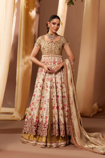 Jumana Ivory Gold Cotton Silk Pakistani Nikkah Pishwas with Multicolor Botanical Embroidery, Lame Lehenga and Lame Dupatta